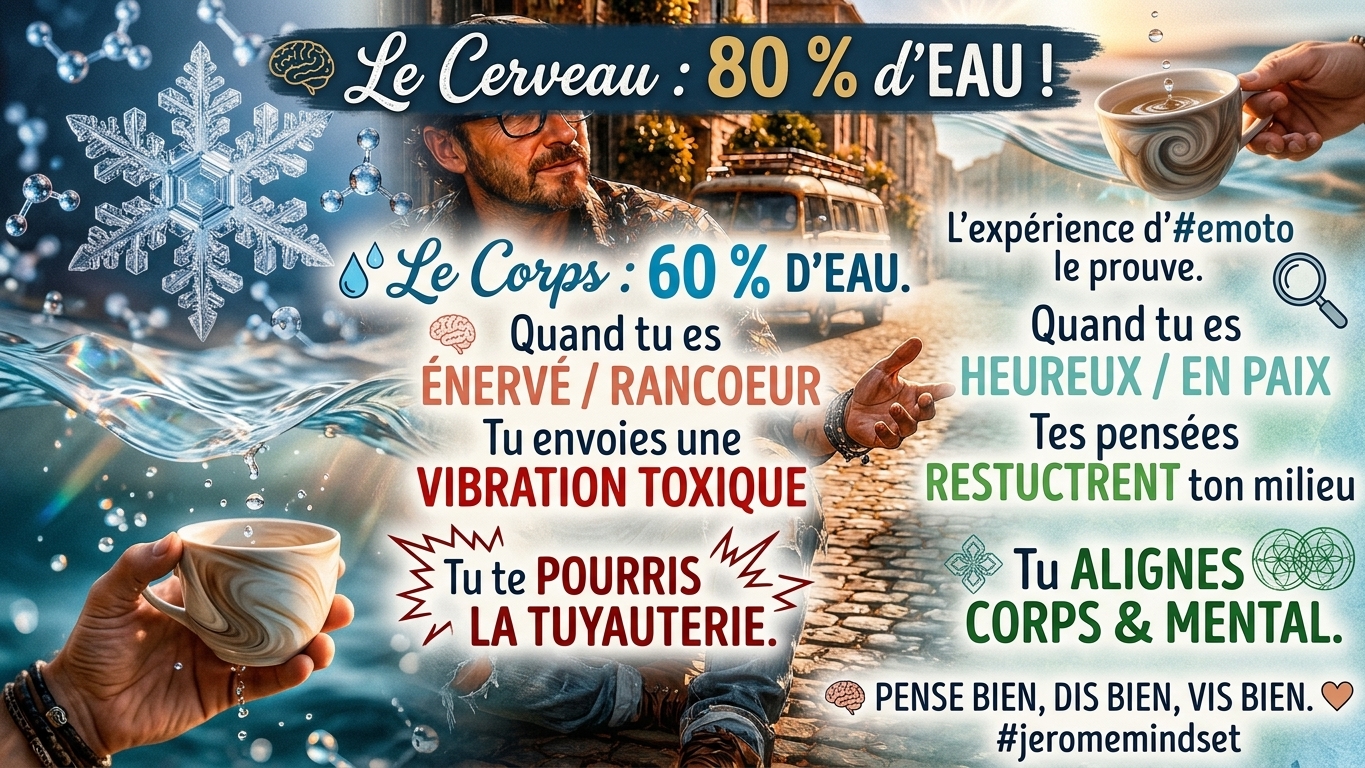 Le cerveau est 80 % d'eau, le corps 60 % d'eau — tes mots sculptent ta réalité #emoto jeromemindset.com