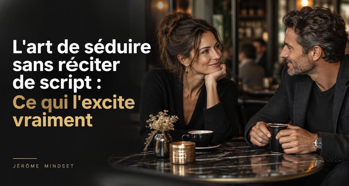 L’art de séduire sans réciter de script : Ce qui l’excite vraiment — un homme et une femme échangent un regard complice dans un café, couverture Jérôme Mindset