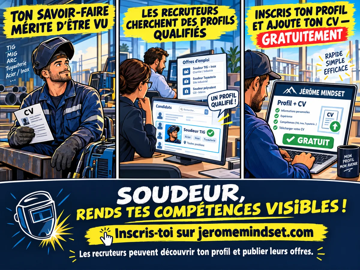 Soudeur, rends tes compétences visibles : dépose ton profil et ton CV gratuitement sur jeromemindset.com, les recruteurs peuvent te découvrir et publier leurs offres.