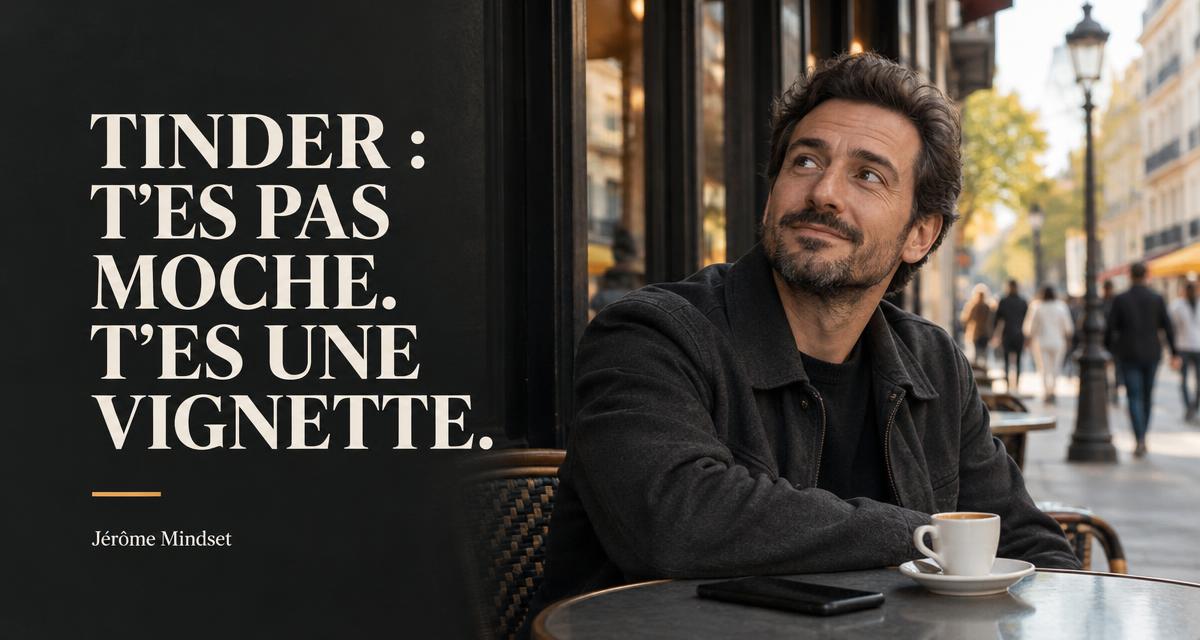 Tinder : t’es pas moche. T’es une vignette. — un homme relève les yeux de son téléphone au café, couverture Jérôme Mindset