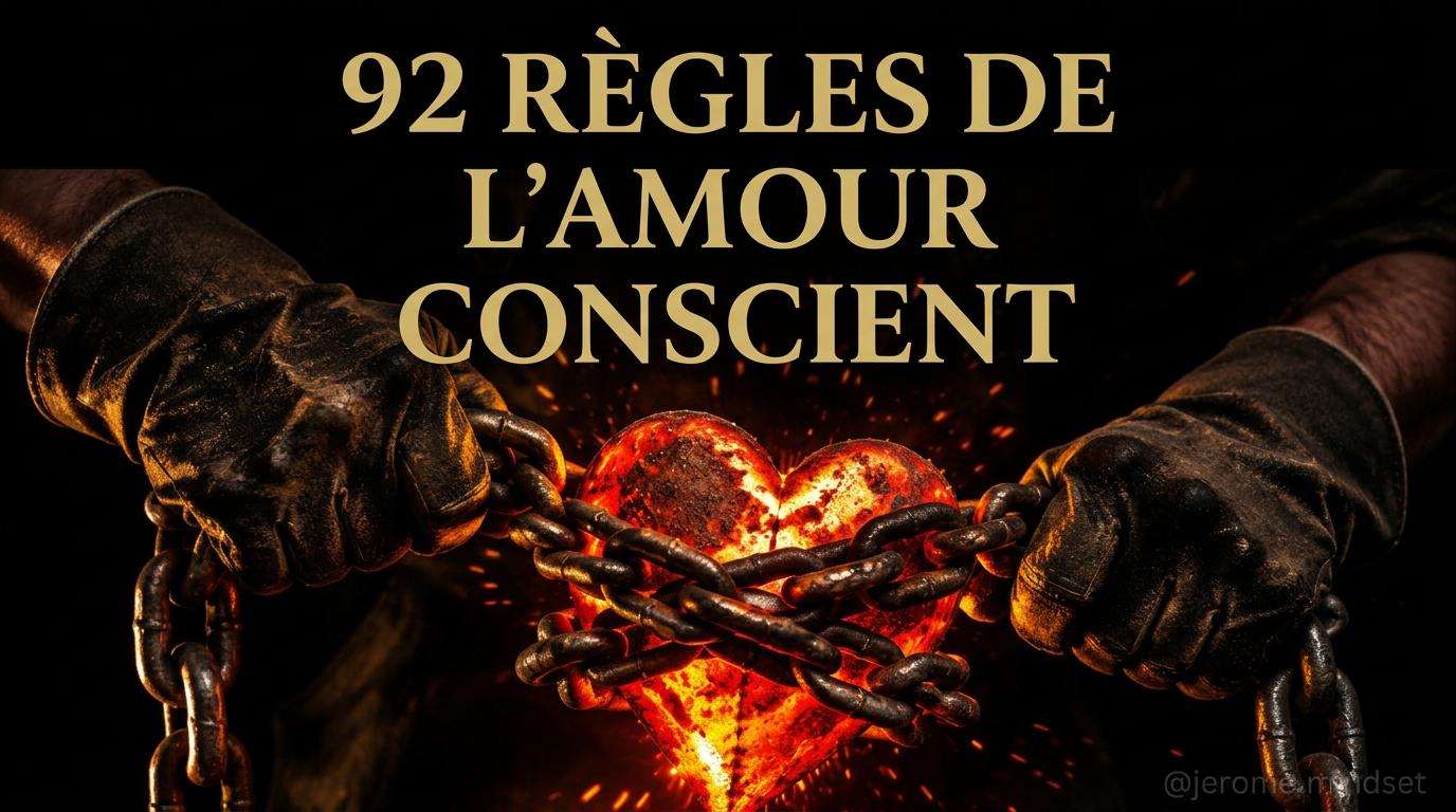 Tu fais le dur parce que tu as peur : deux mains gantées serrent une chaîne autour d'un cœur de métal incandescent — Jérôme Mindset