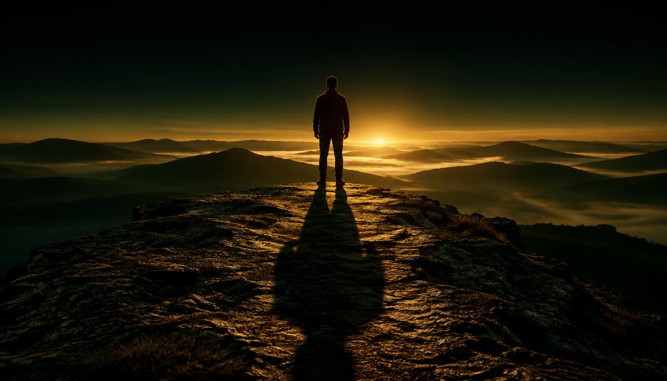 Tu n'es pas le psy de ton couple : une silhouette debout au bord d'une falaise à l'aube, face à sa propre ombre — Jérôme Mindset