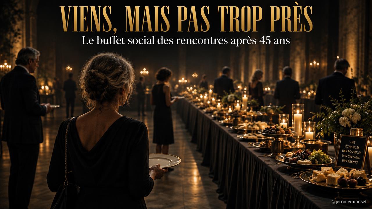 « Viens, mais pas trop près » — le buffet social des rencontres après 45 ans : une femme seule face à une longue table dressée où personne ne s’assoit — Jérôme Mindset