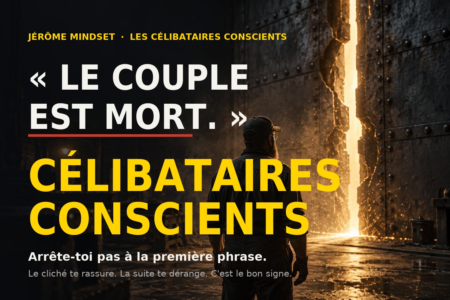 Célibataires Conscients — « Le couple est mort » : un homme face à une paroi d’acier entrouverte sur une lumière dorée, jeromemindset.com