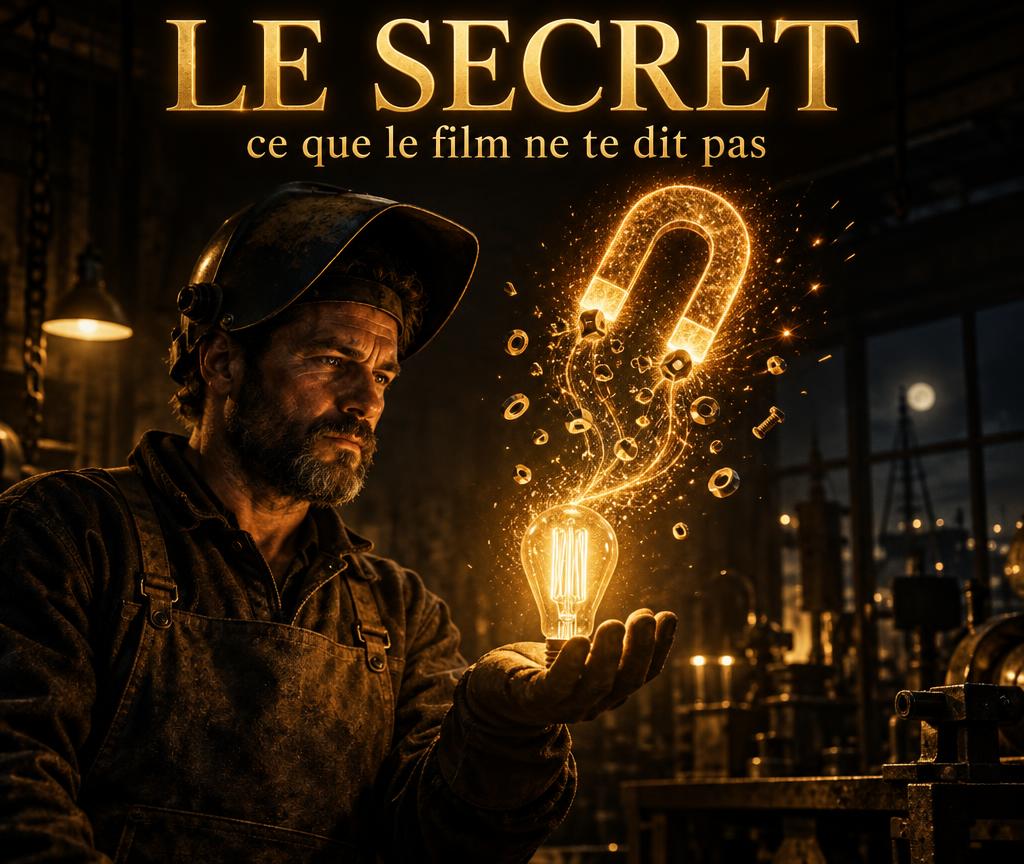 Le Secret : ce que le film sur la loi de l'attraction ne te dit pas — un soudeur tient une ampoule de lumière dont les étincelles dorées dessinent un aimant — Jérôme Mindset