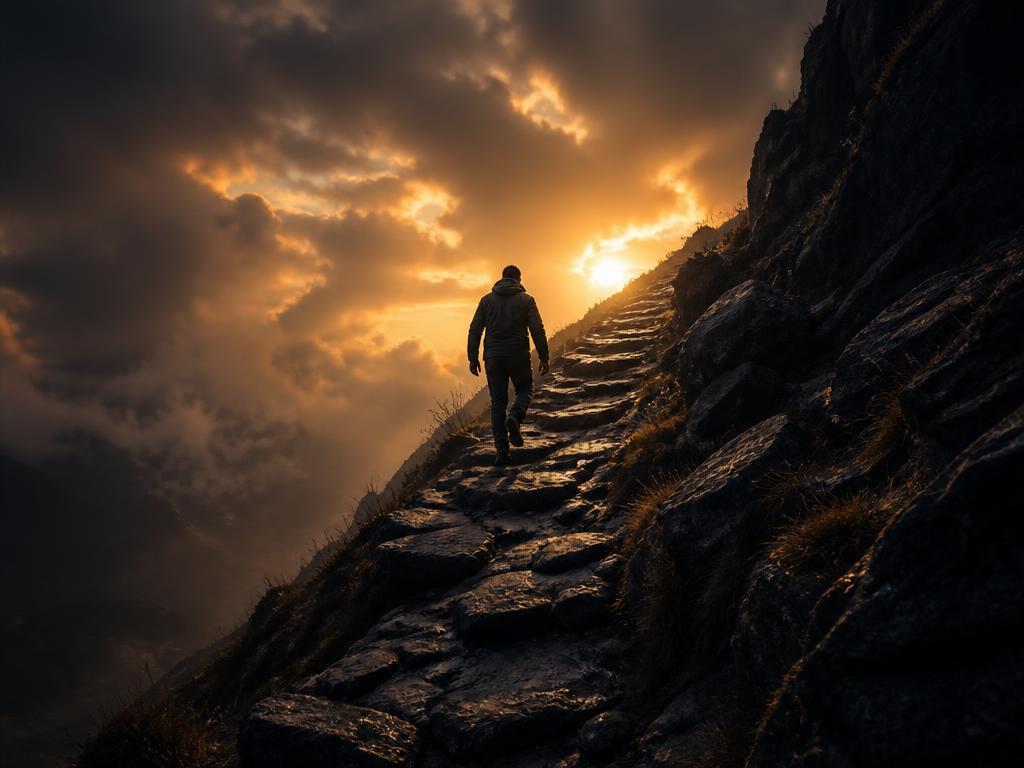 Un homme gravit seul un chemin rocheux vers un lever de soleil — les obstacles sont le chemin, pas l'erreur — Jérôme Mindset