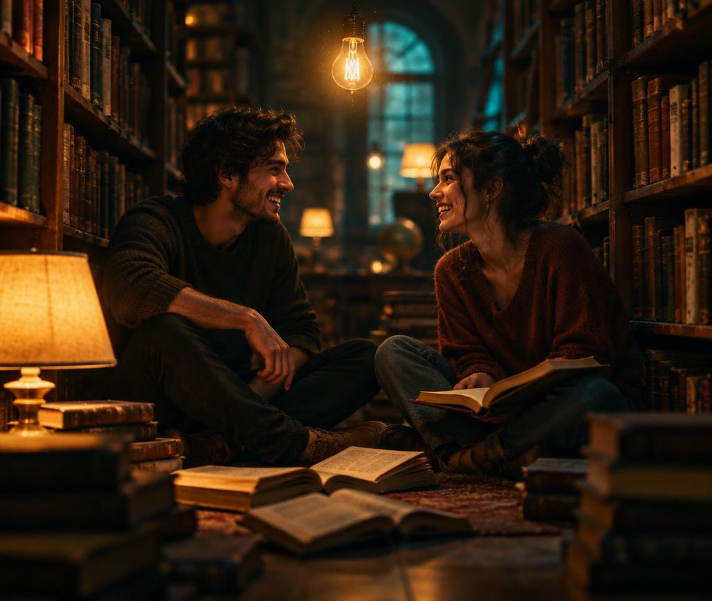 Sapiophile : 15 Traits Pour Le Reconnaître — deux personnes rient en discutant entre les rayonnages d'une vieille bibliothèque — Jérôme Mindset
