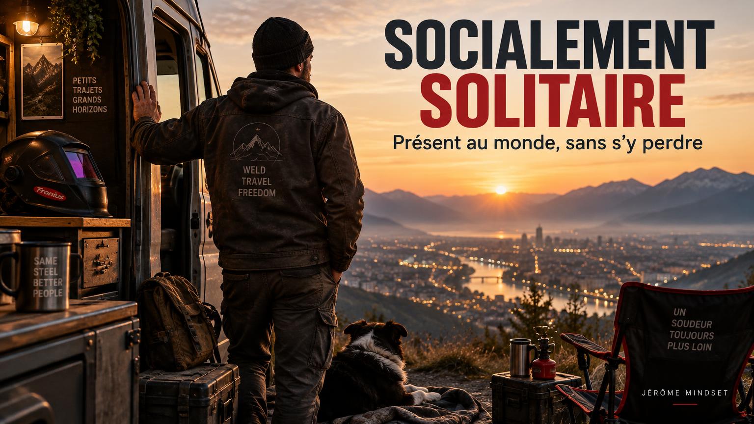 Socialement solitaire — présent au monde sans s'y perdre, un homme en vanlife contemple la ville au lever du jour — Jérôme Mindset
